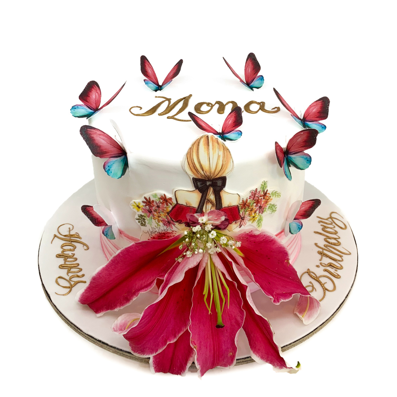 Elegant Butterfly & Lily Floral Cake