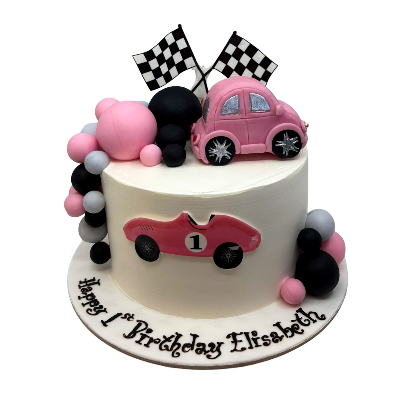 Chic Pink Racing Car 1st Birthday Cake