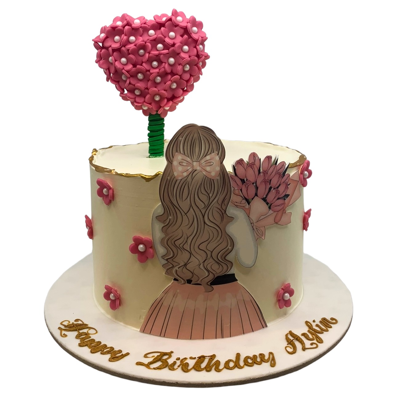 Elegant Floral Heart with Girl & Silhouette Cake