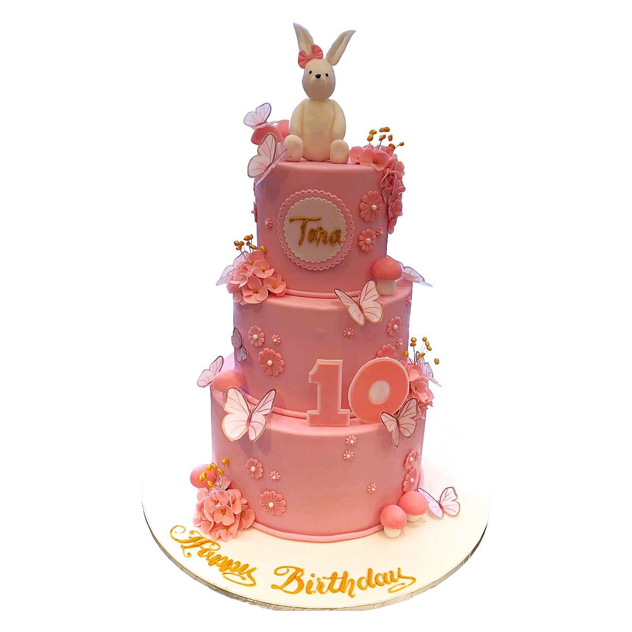 Pastel Pink Bunny & Butterflies Three Tiered Cake