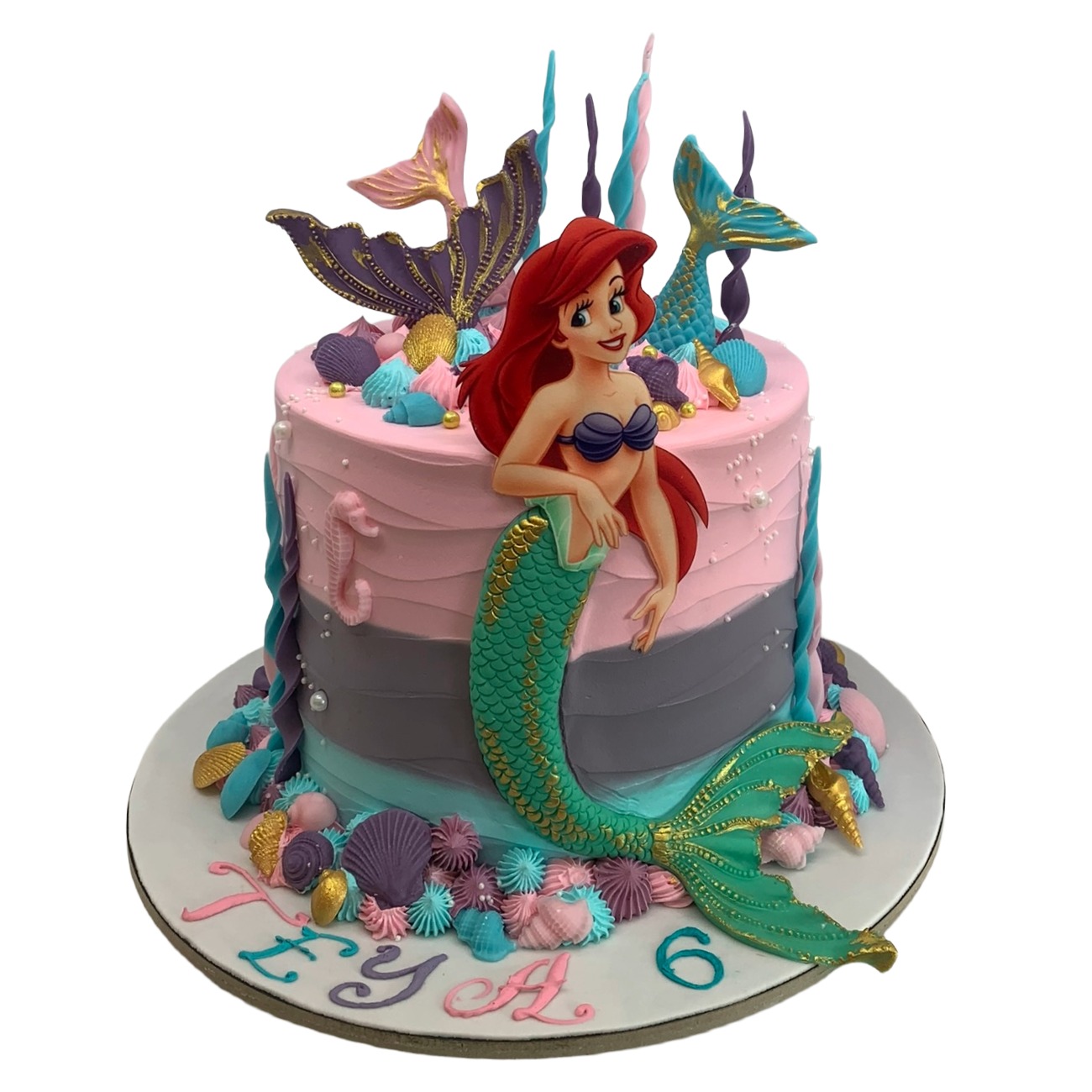Pink and Purple Themed Under the Sea Mermaid Ariel Cake
