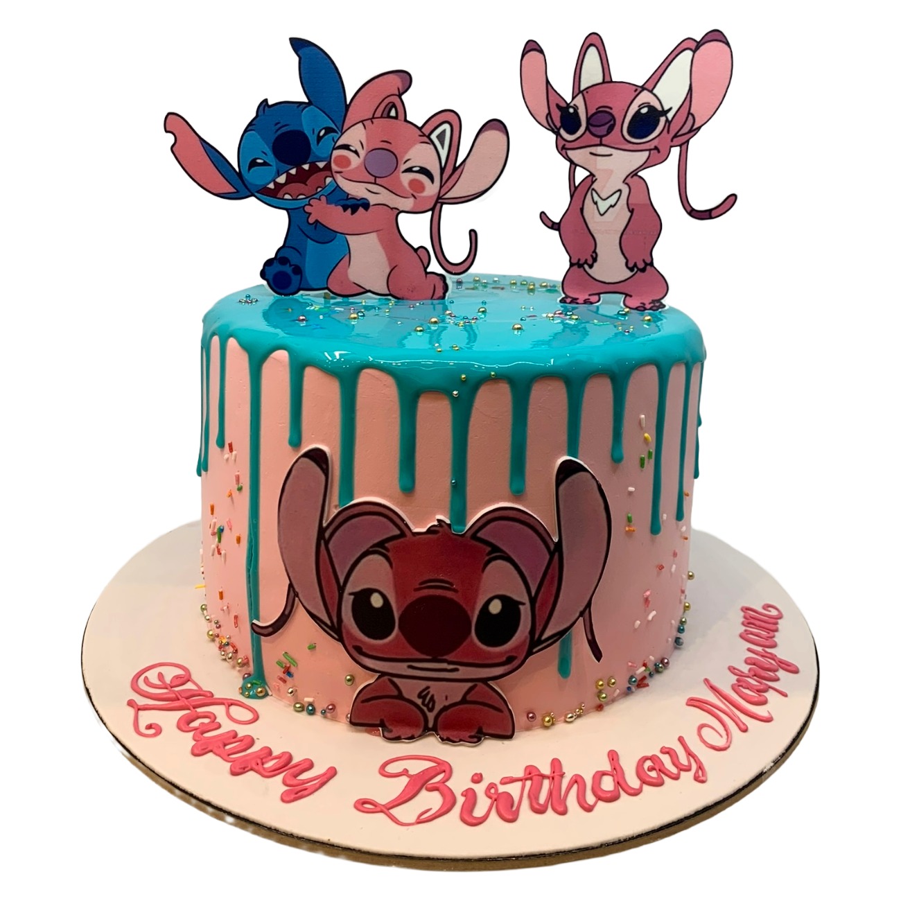 Stitch & Angel Teal Glossy Drip Cake