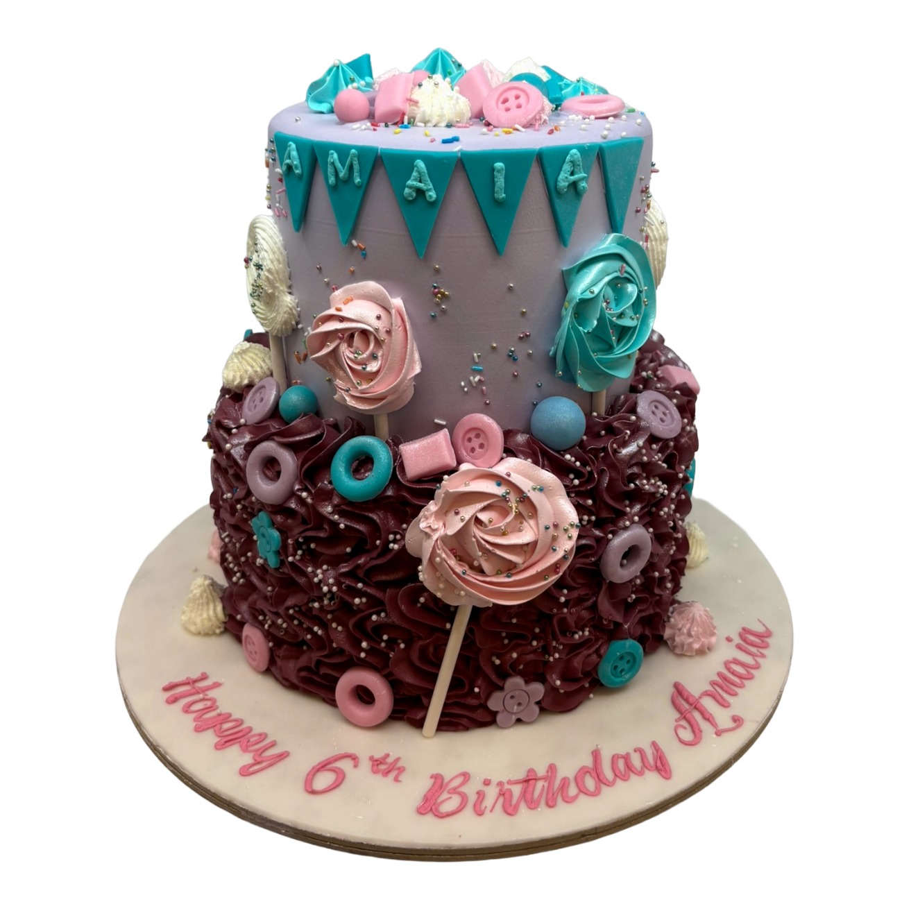 Whimsical Ribbon & Rosette Two layer Celebration Cake