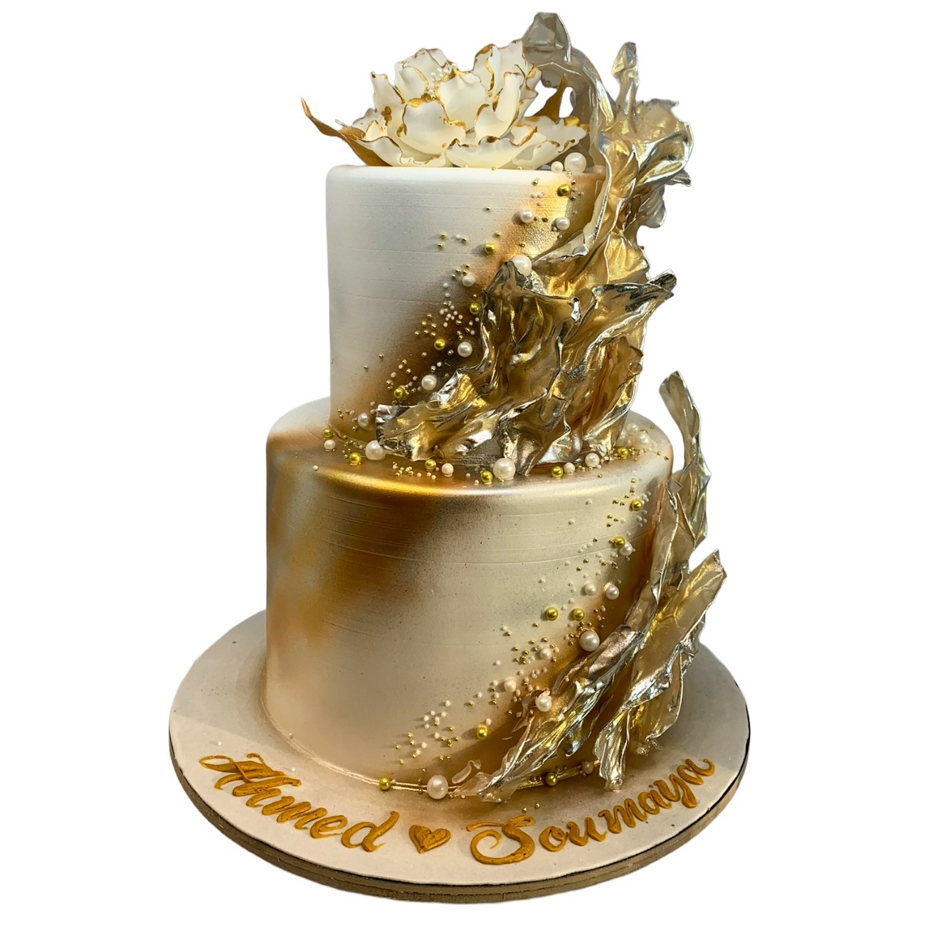 Abstract Gold Leaf & Rice Paper Wedding Cake