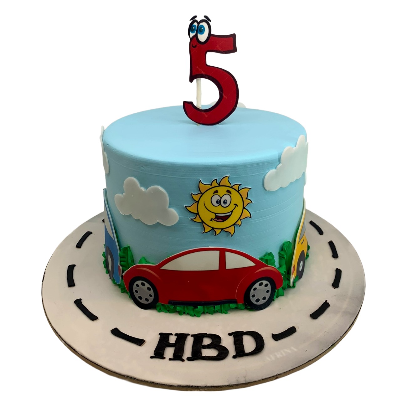 Colorful Cartoon Cars & Sunshine Birthday Cake