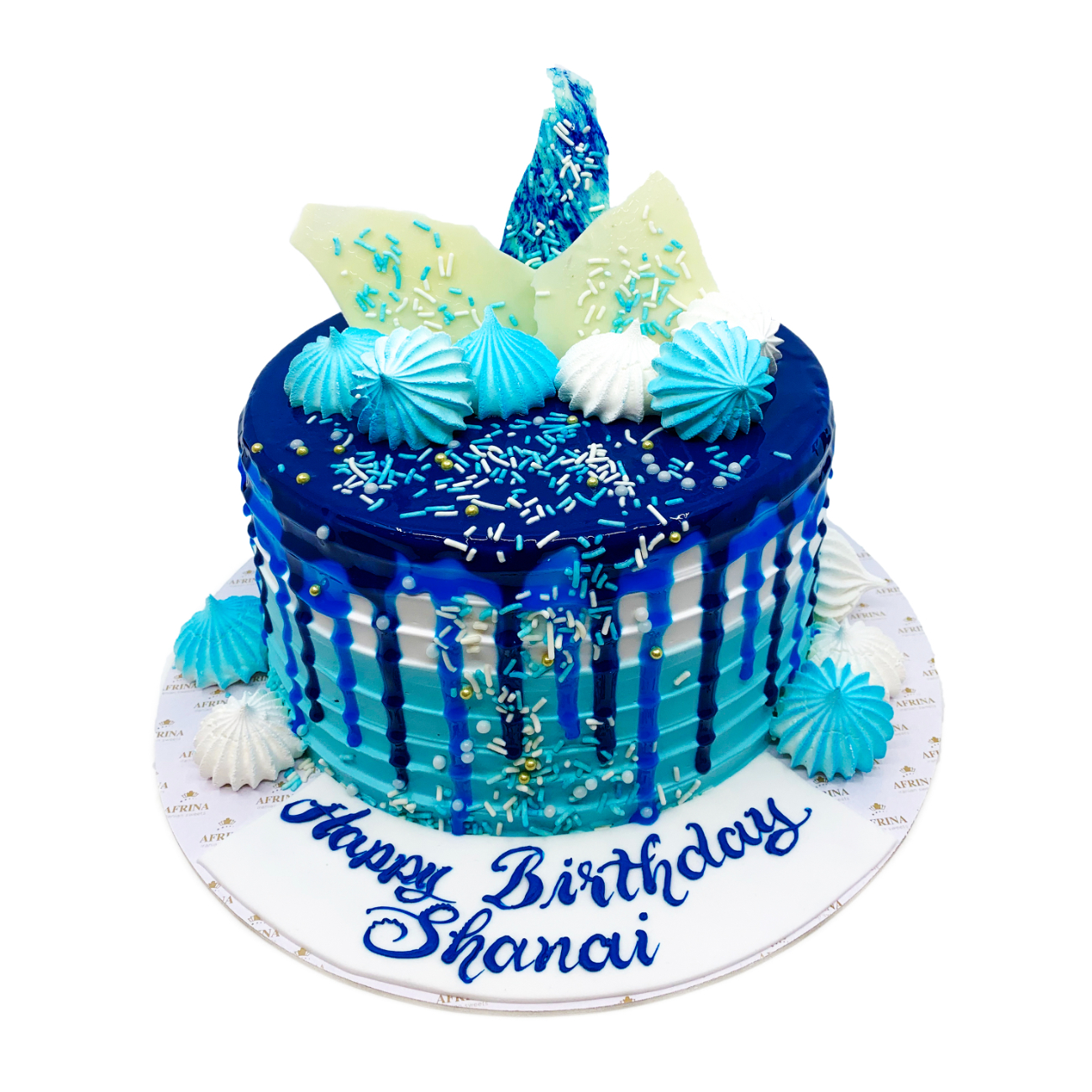 Deep Sea Blue Ombre Drip Cake with Meringues