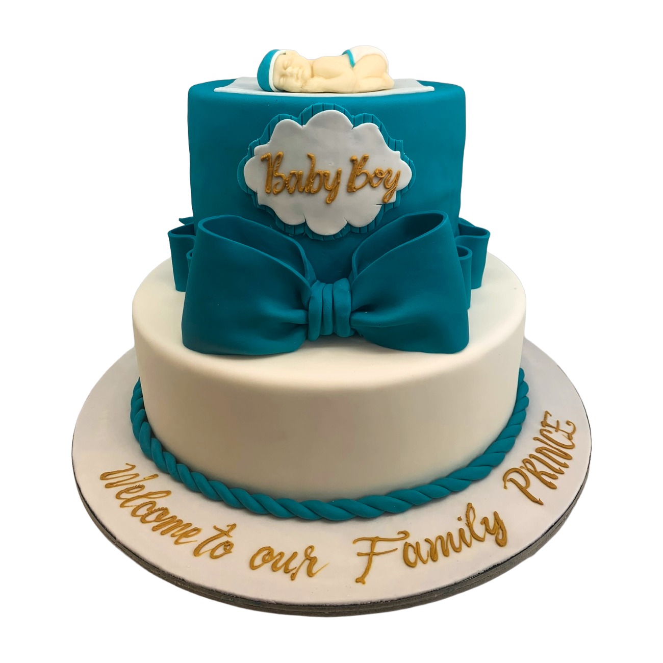 Elegant Two-Tier Baby Boy Prince Welcome Cake