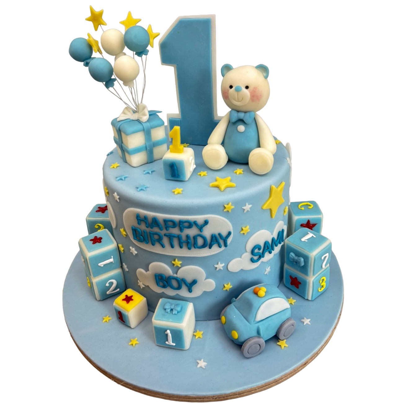 First Birthday Blue Teddy & Blocks Cake