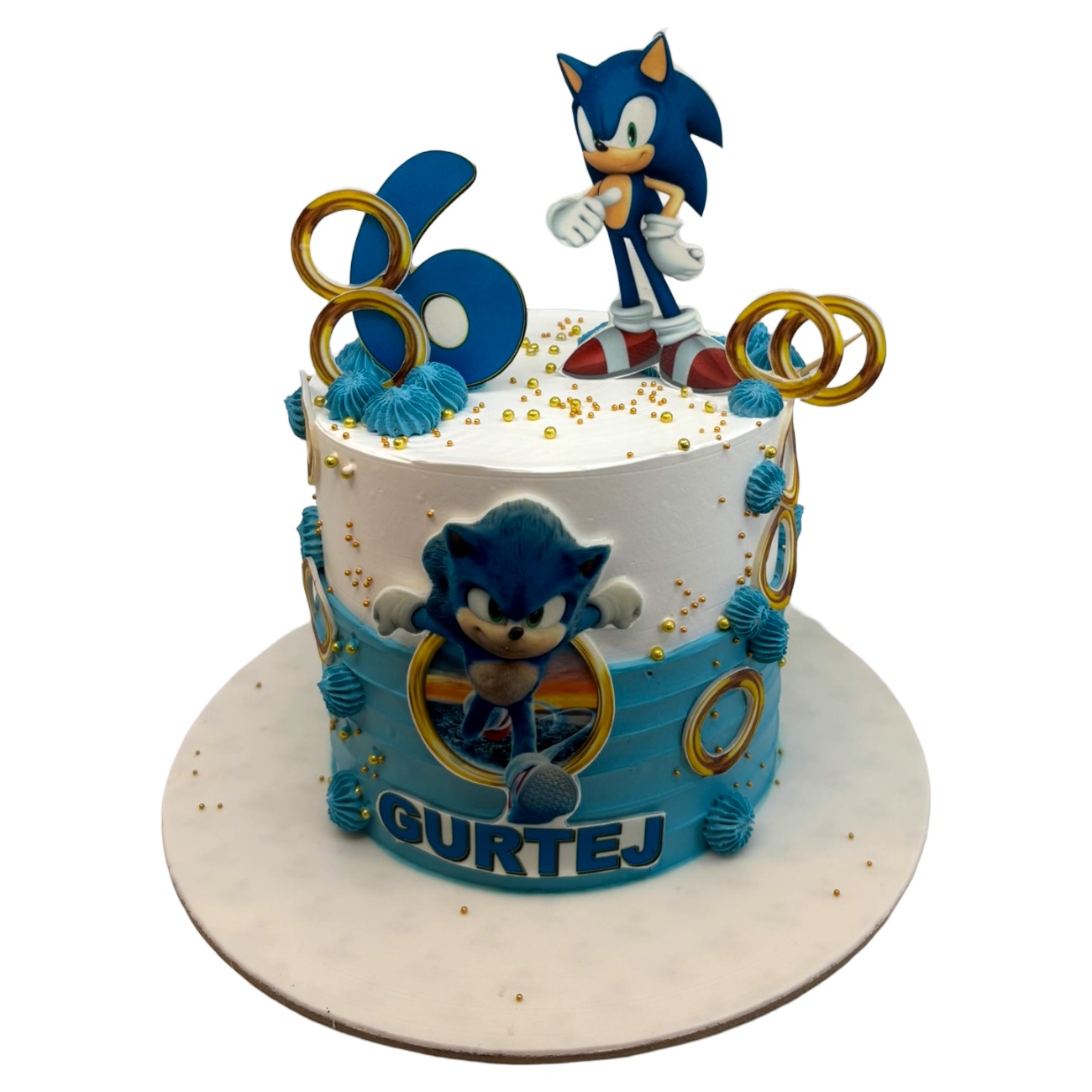 Light Blue Coloured Sonic the Hedgehog Gold Ring Cake