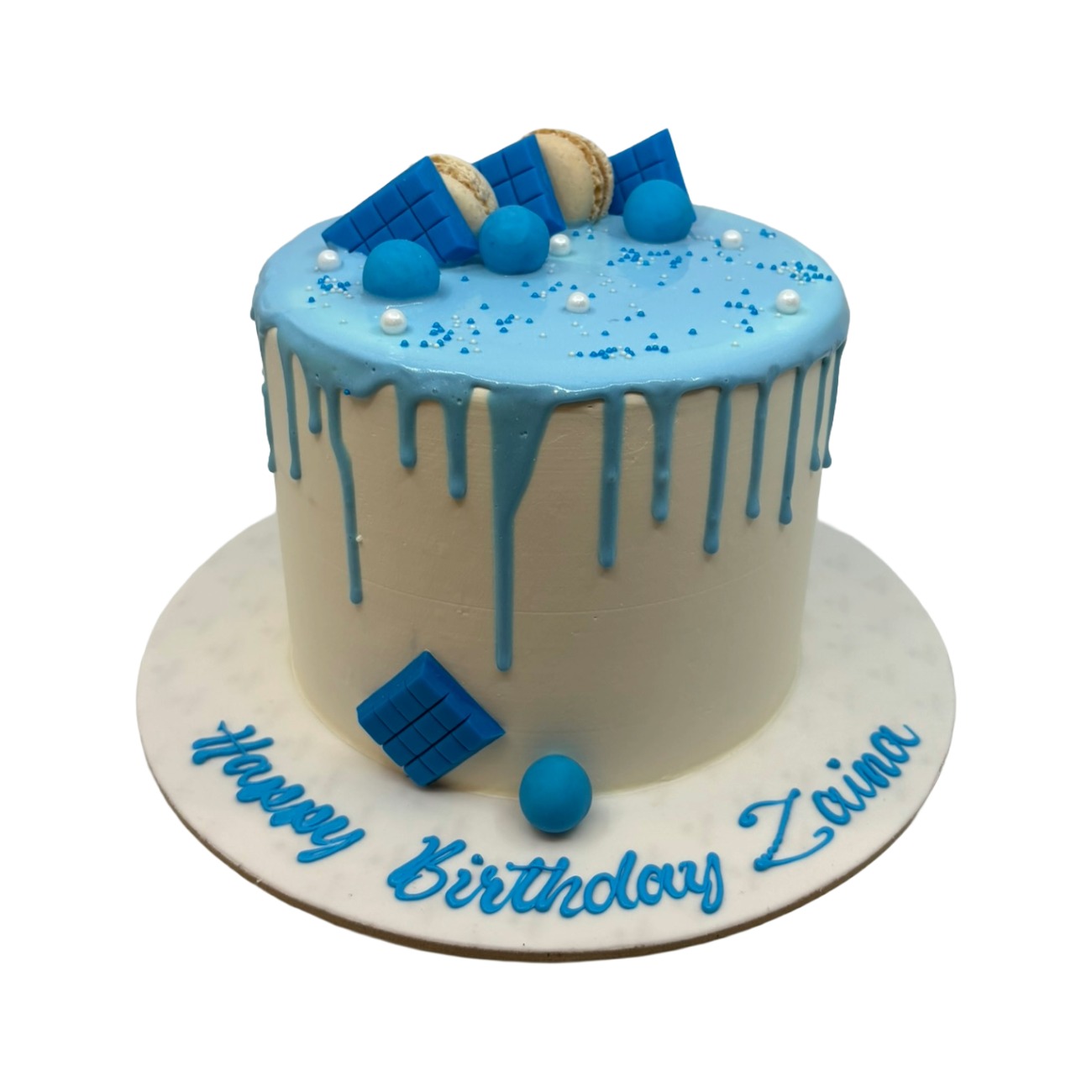 Modern Blue Chocolate & Macaron Drip Cake