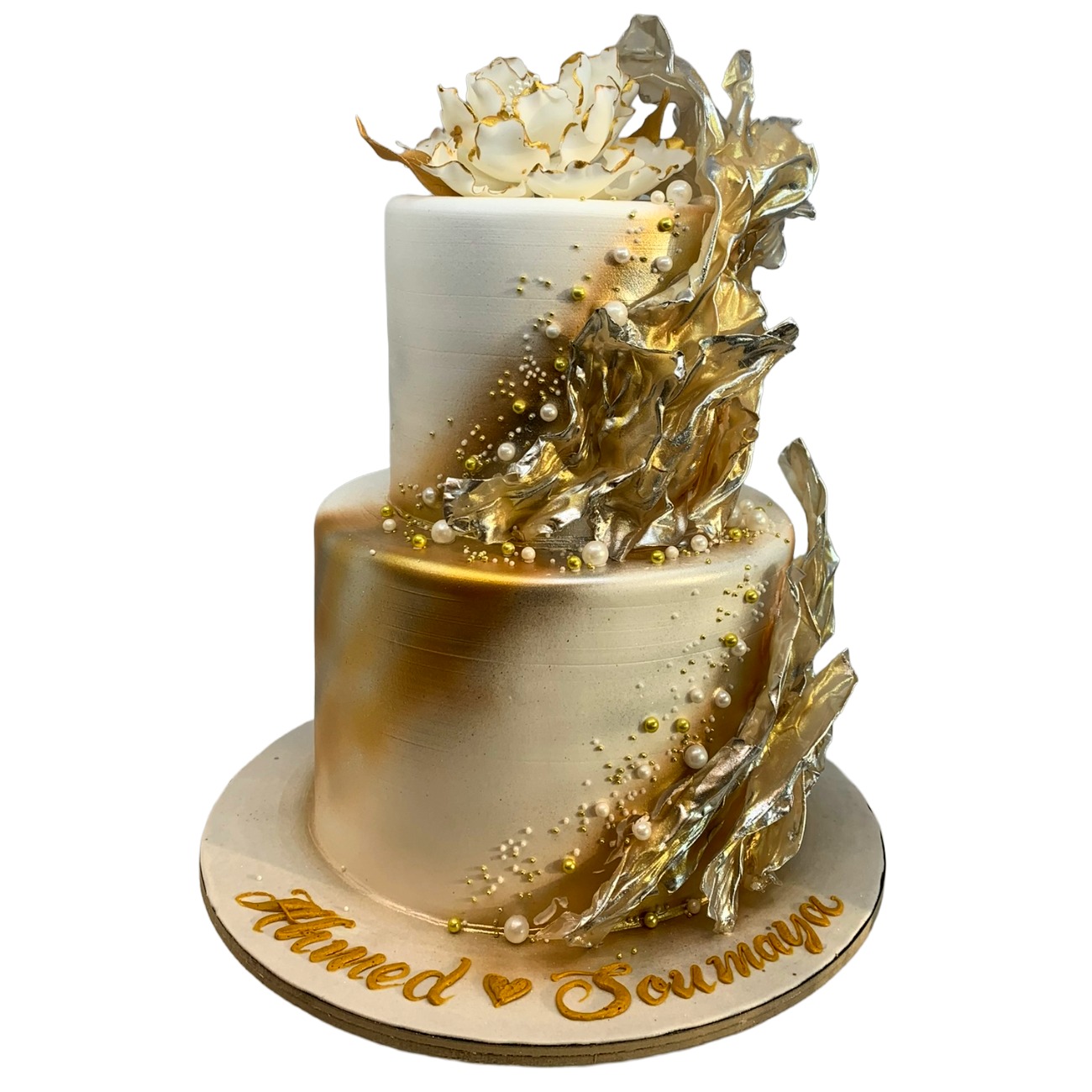 Abstract Gold Leaf & Rice Paper Wedding Cake