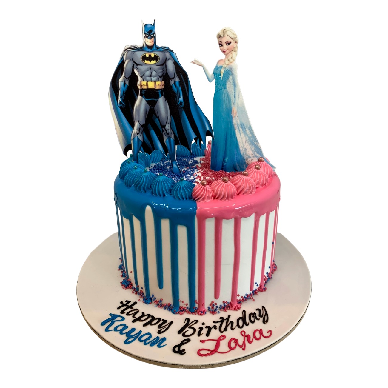 Batman & Elsa Superhero Gender Reveal Drip Cake