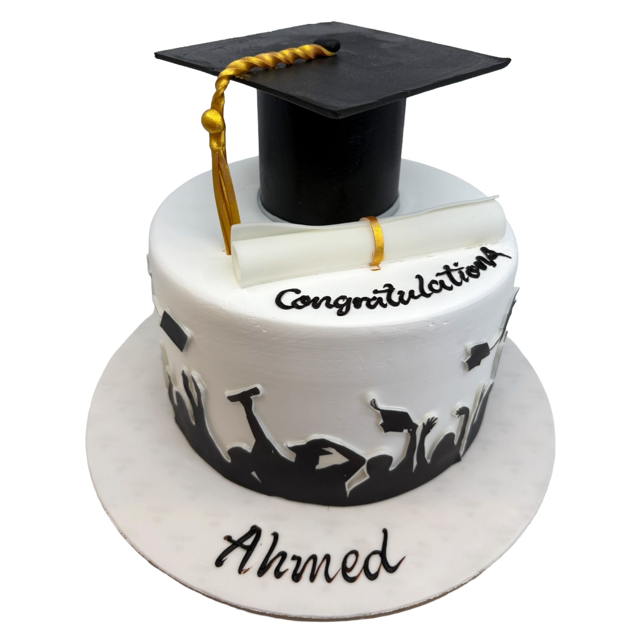 "Caps in the Air" Graduation Silhouette Cake