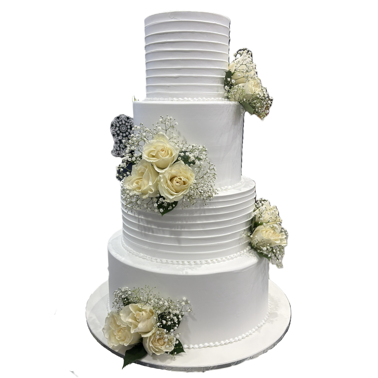 Classic Tiered White Rose & Baby's Breath Wedding Cake