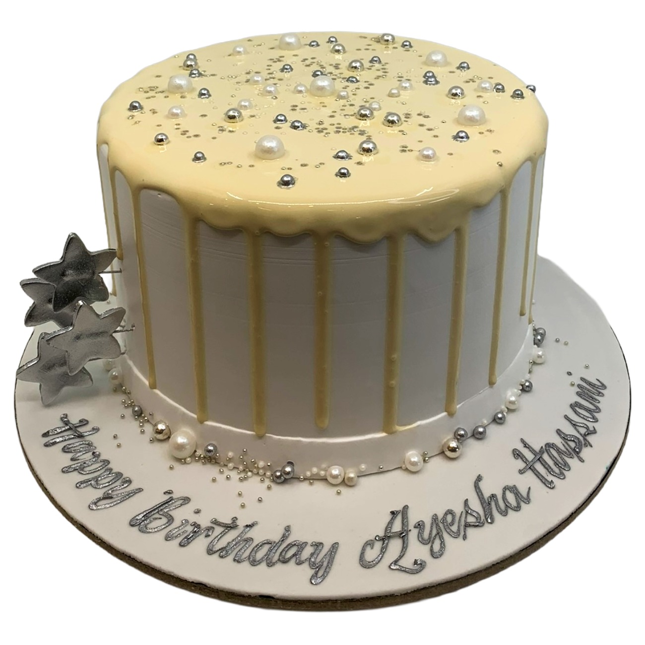 Elegant White & Gold Pearl Drip Cake