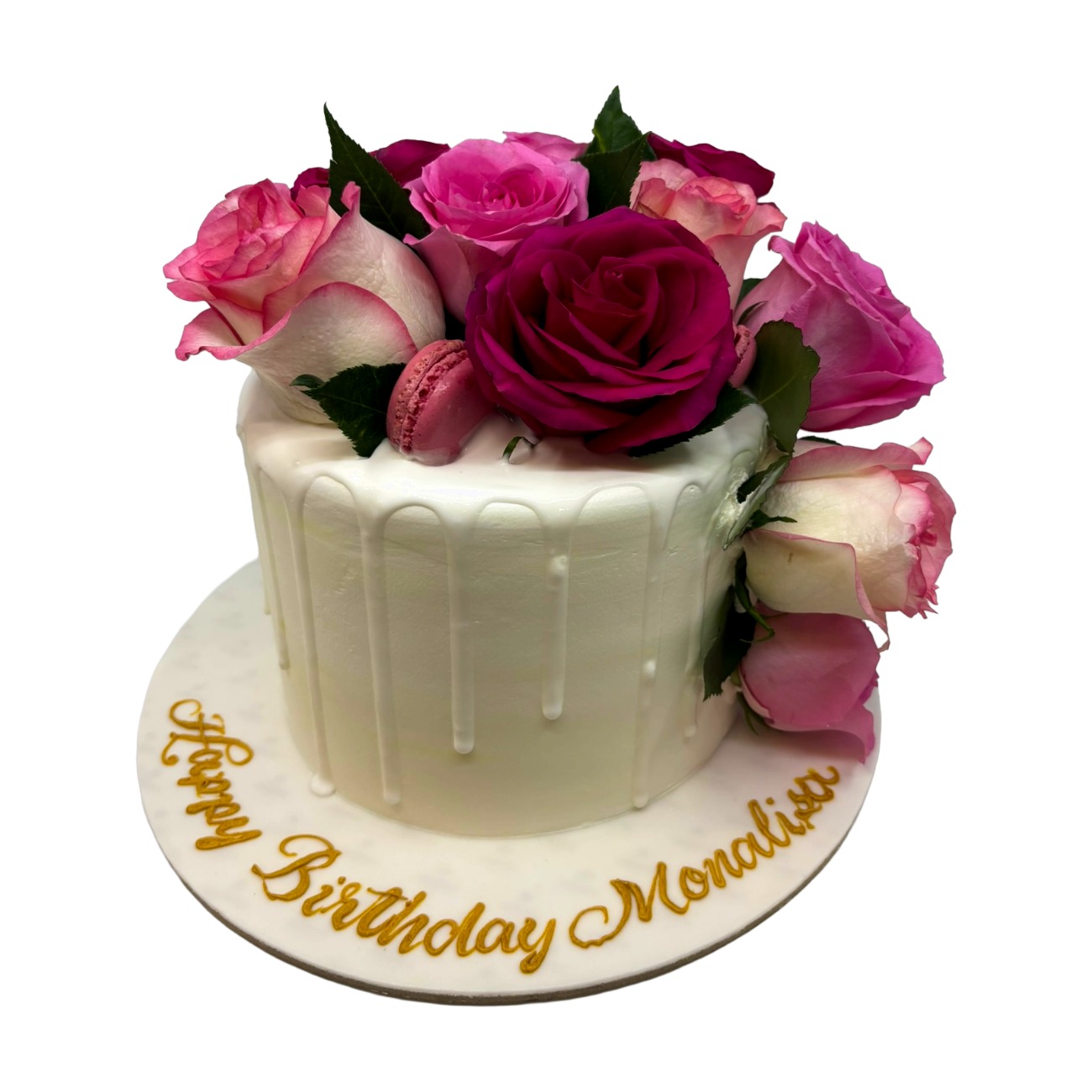Fresh Bloom & Macaron Drip Cake