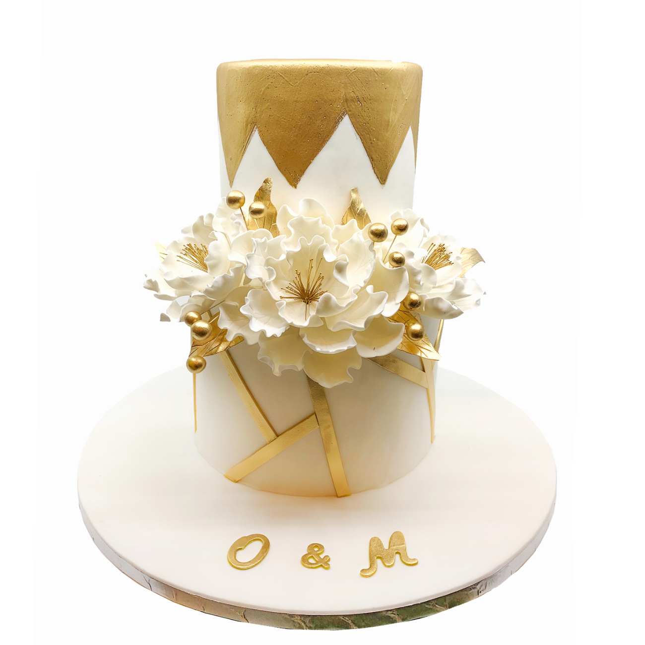 Geometric Gold & White Peony Wedding Cake