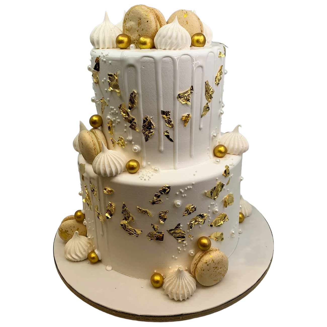 Gold Leaf and Macaron Drip Wedding Cake