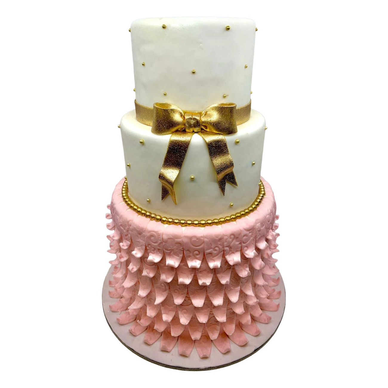 Golden Bow & Pink Ruffle Wedding Cake