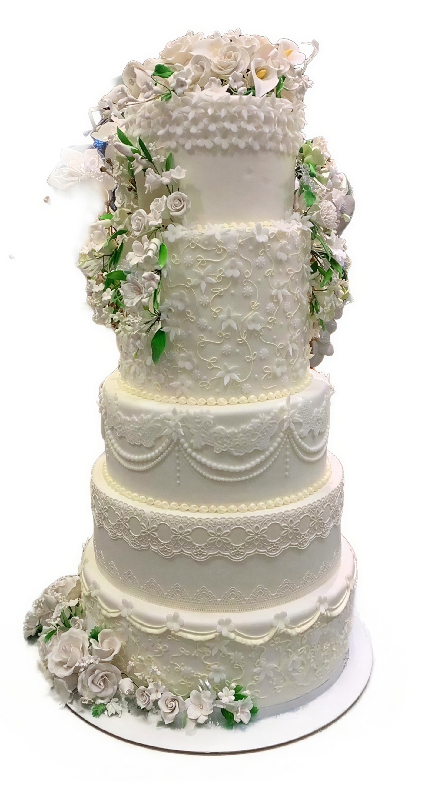 Grand White Lace & Floral Cascade Wedding Cake