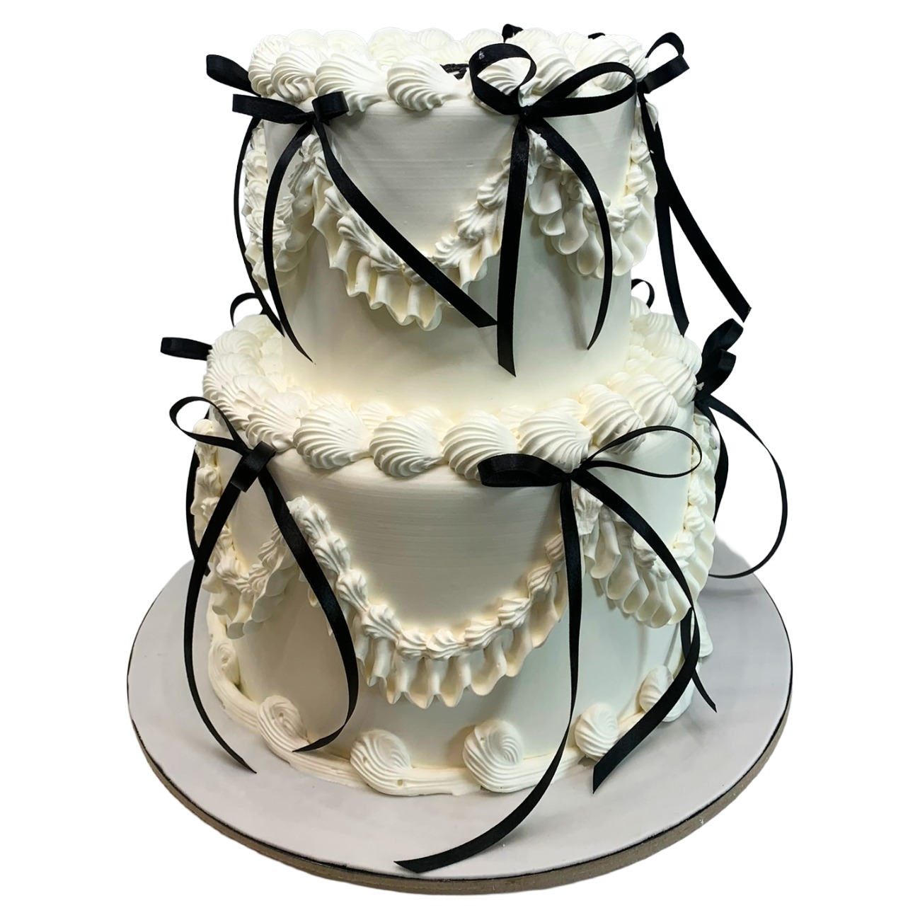 Monochromatic Vintage Piping & Black Bow Wedding Cake