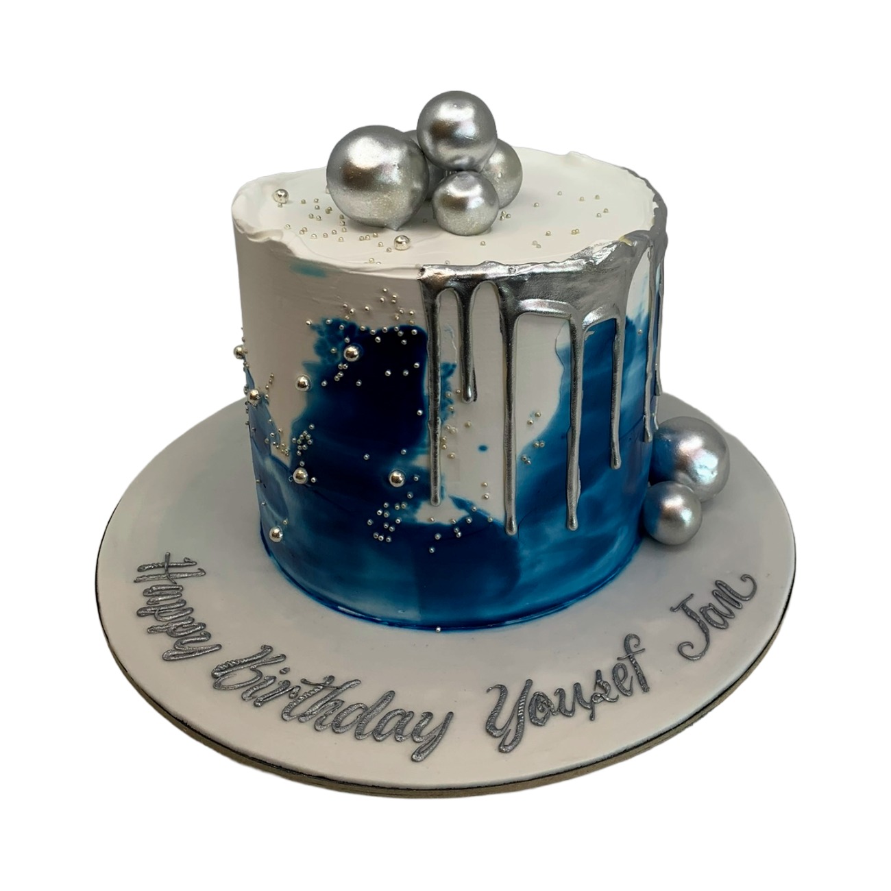 Ocean Blue & Silver Drip Cake