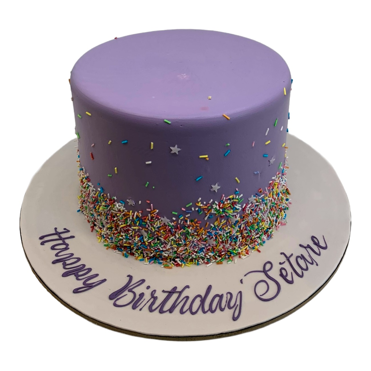Purple Sprinkle Cascade Cake