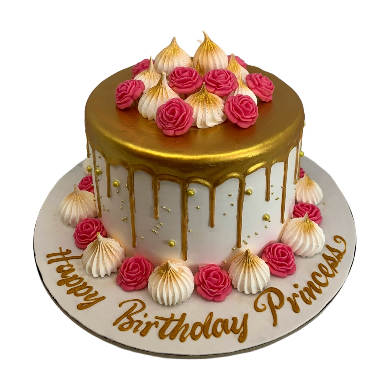 Royal Pink Meringue and Gold Drip Cake