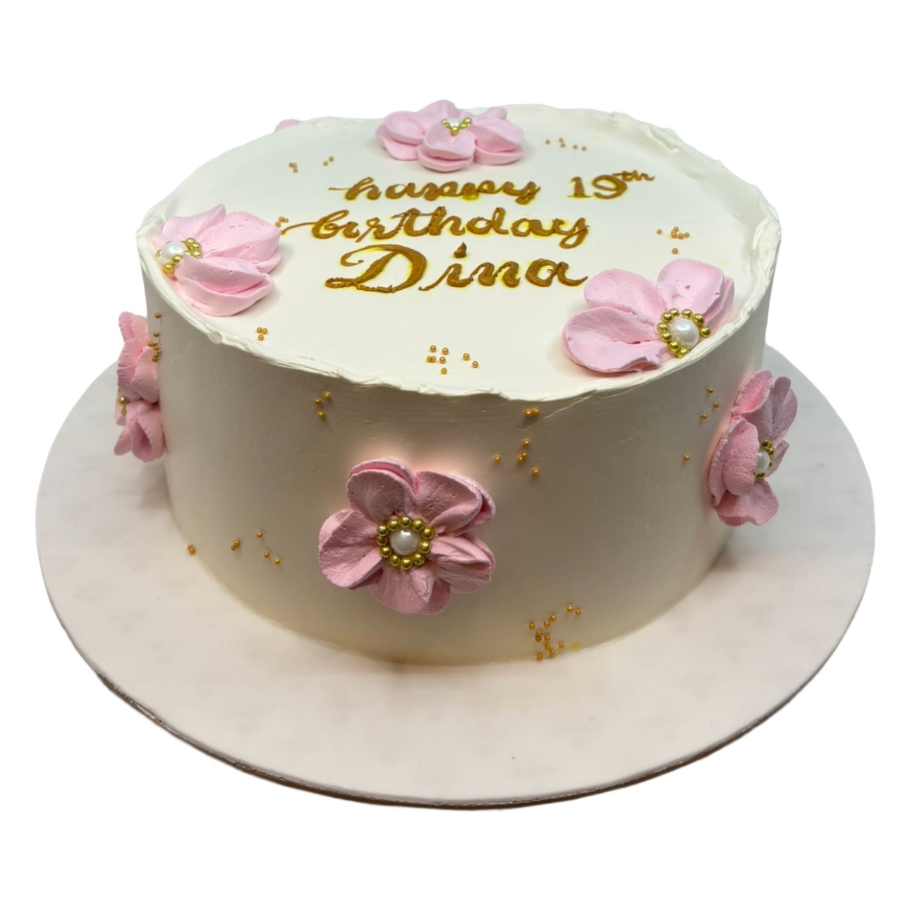 Simple Pink Blossom & Gold Pearls Cake