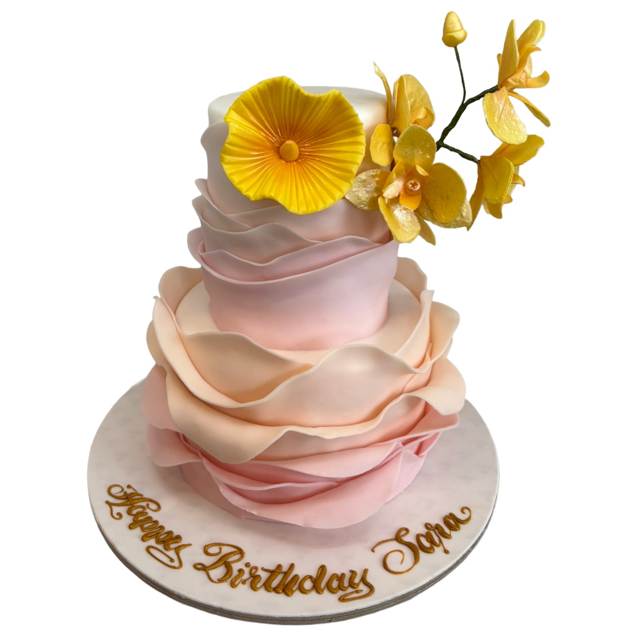 Sunset Ruffle & Golden Orchid Wedding Cake