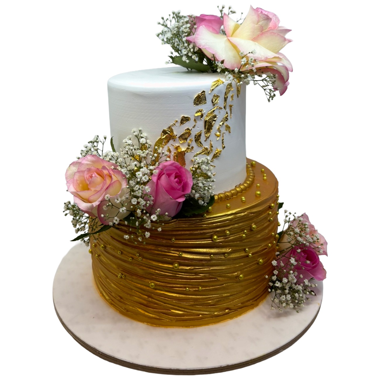 Textured Gold and Fresh Floral Wedding Cake