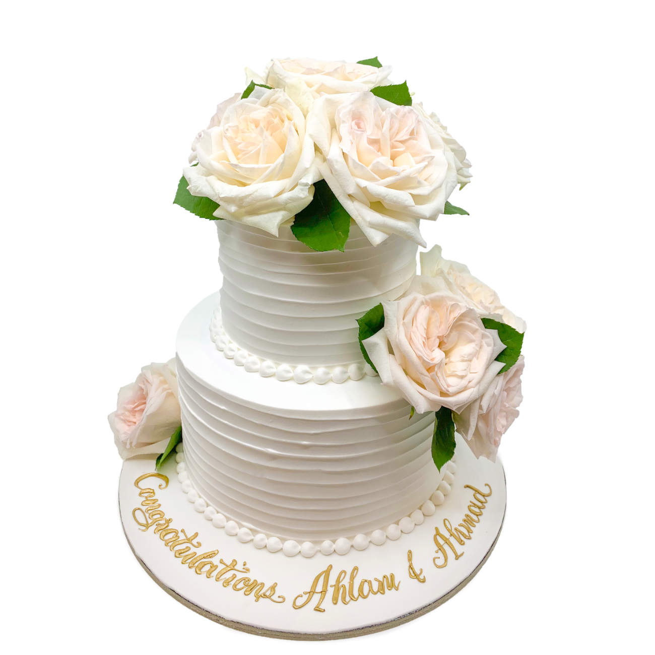 Textured White Wedding Cake with Fresh Cream Roses
