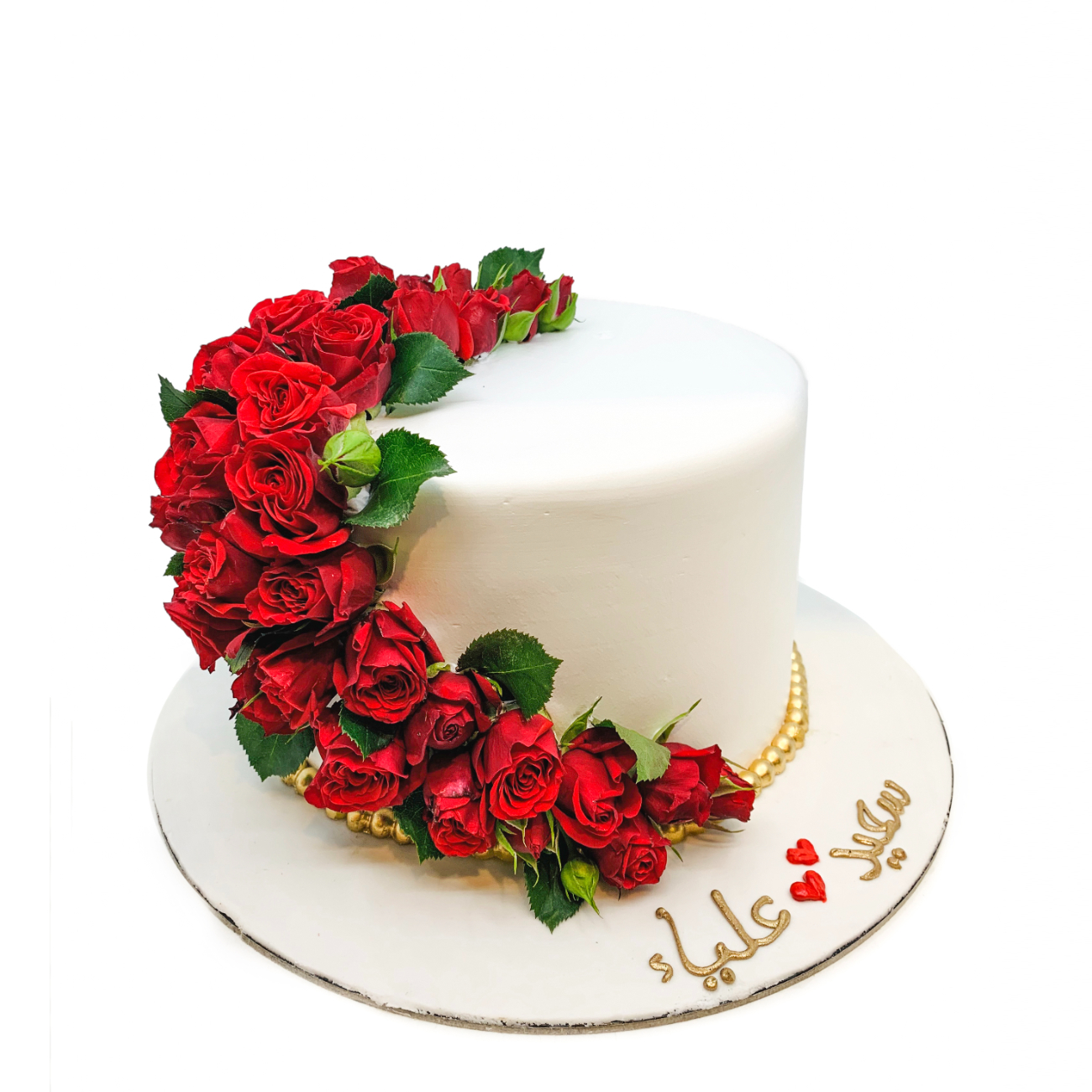 White Fondant & Fresh Red Rose Cake