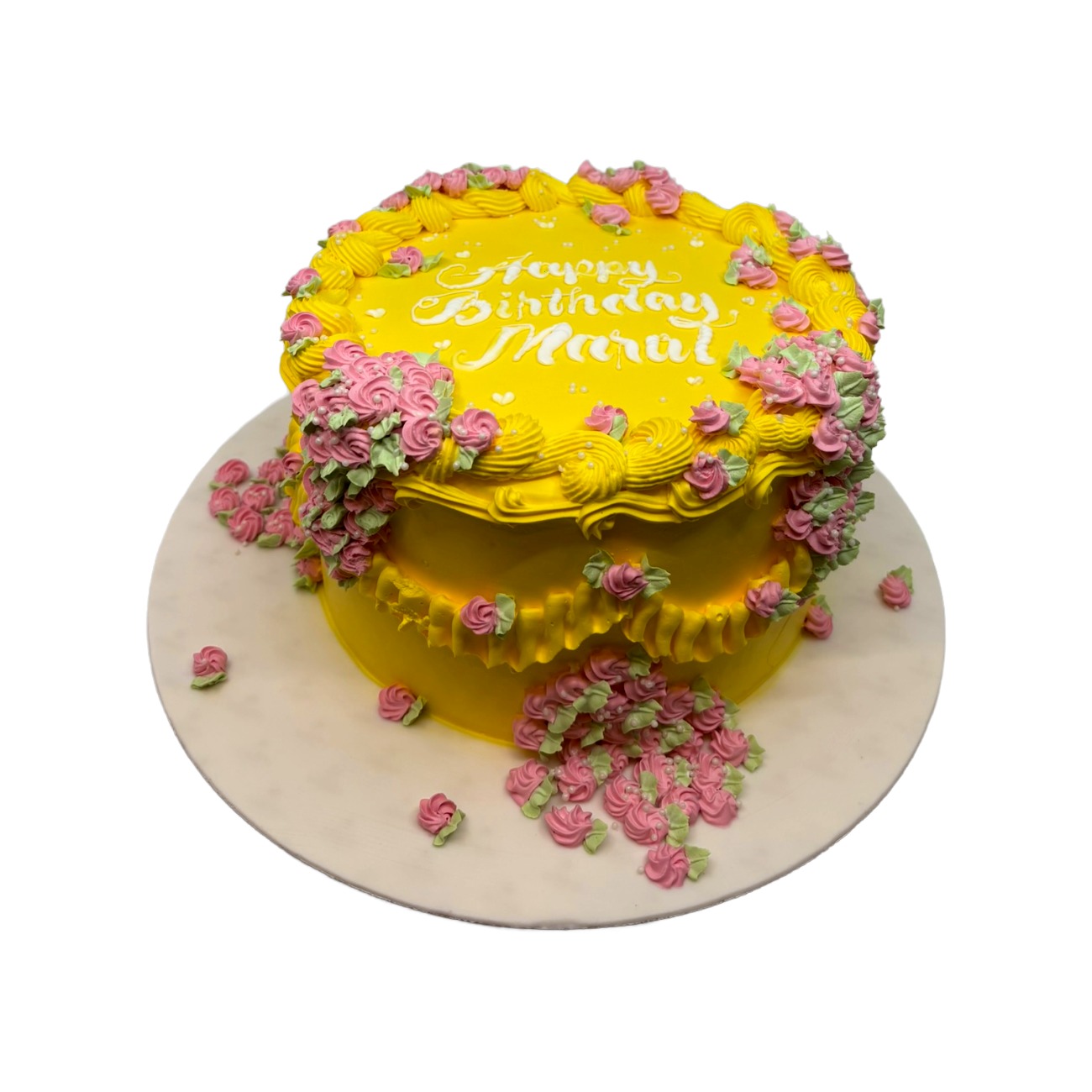 Yellow & Pink Cascading Rose Lambeth Cake